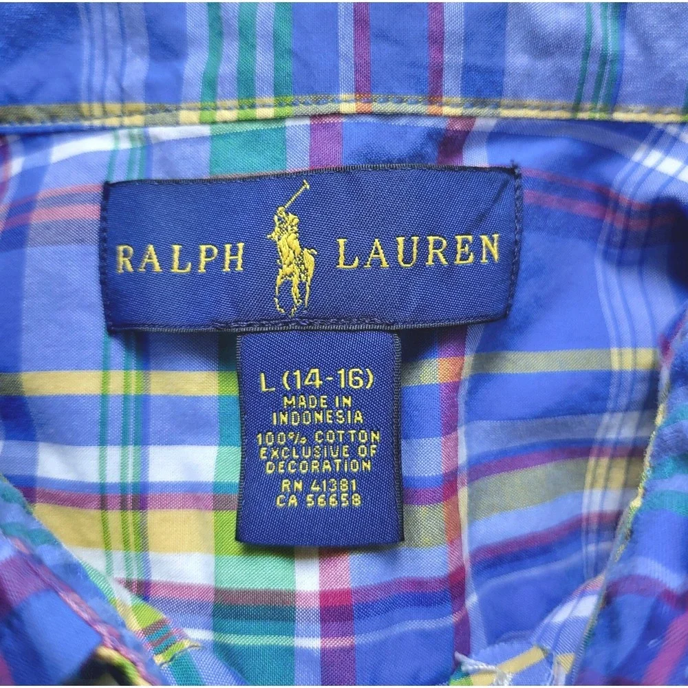 Ralph Lauren Boys Blue Plaid Short Sleeve‎ Preppy Button Down Shirt Large 14/16